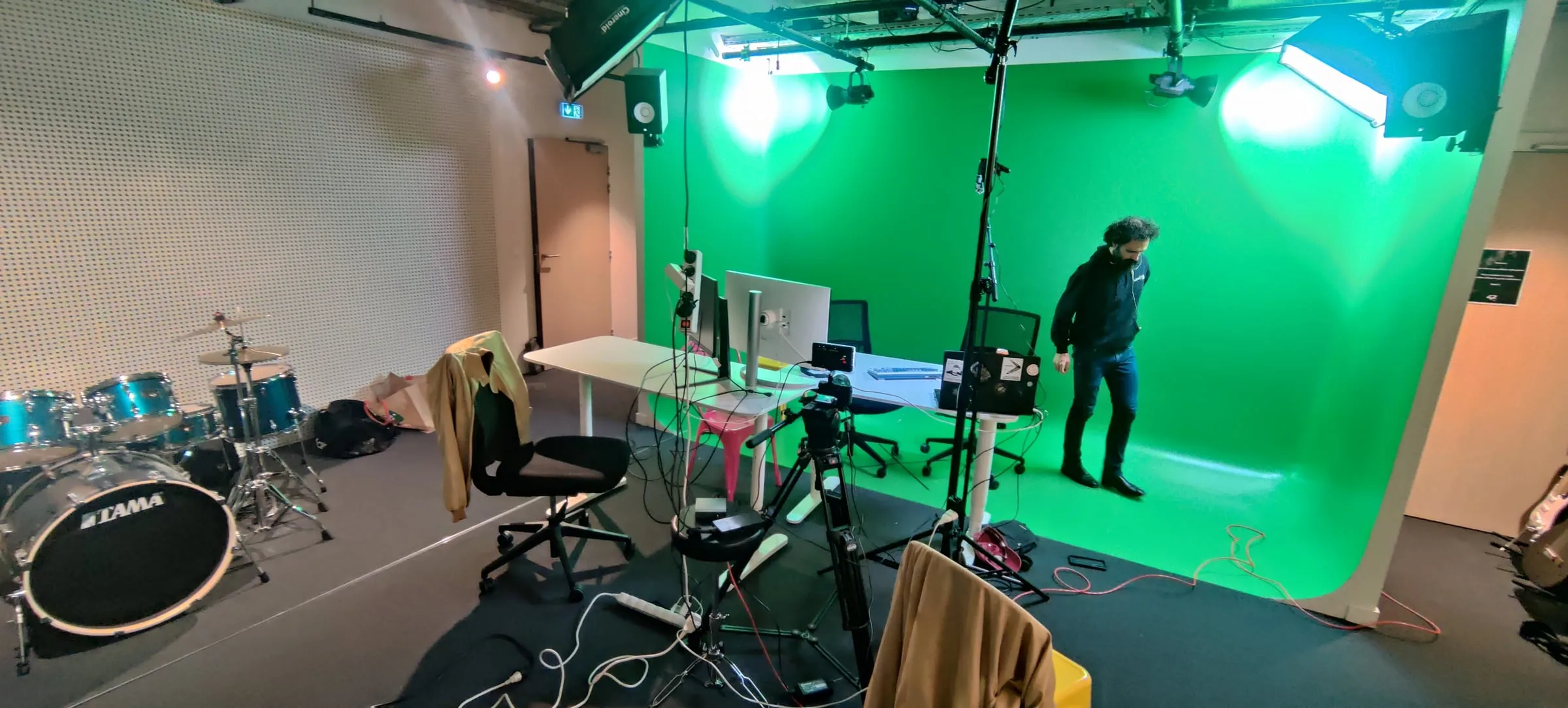 The green-screen studio, wide angle